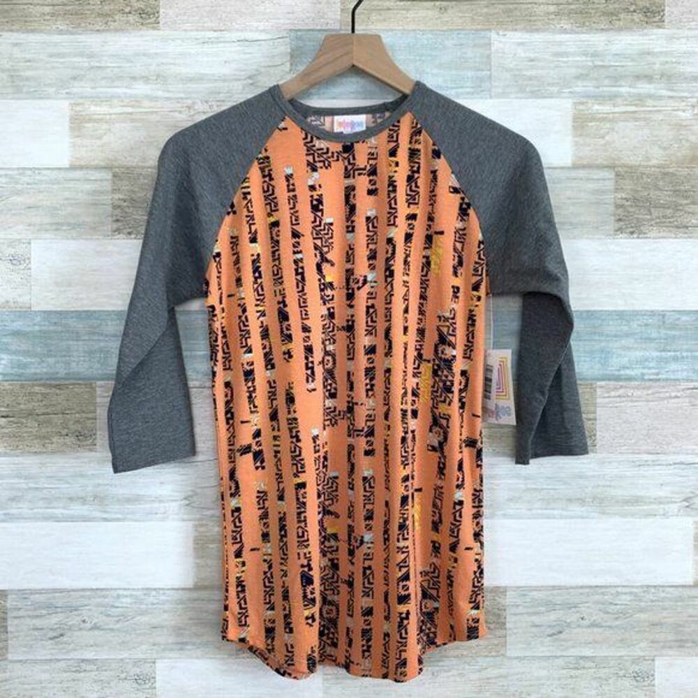 LuLaRoe Randy Baseball Tee Gray Orange Abstract Print Womens XS